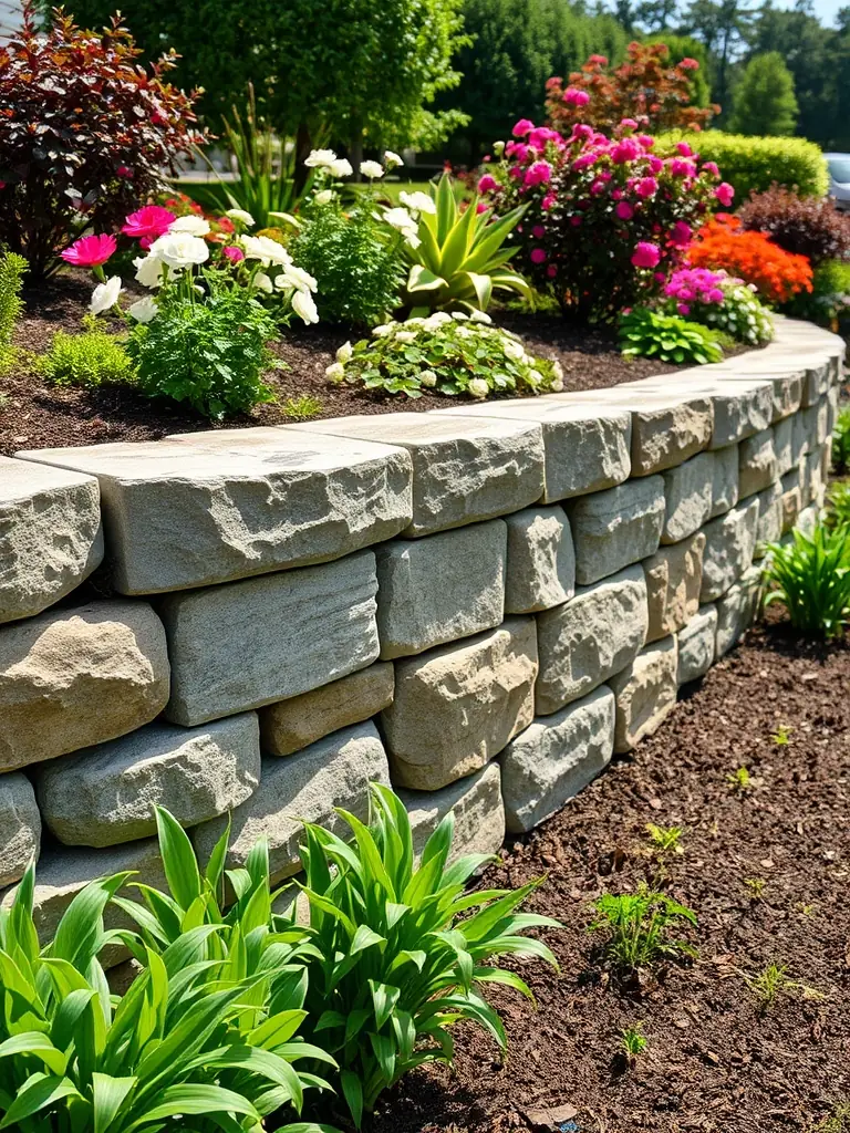 A sturdy retaining wall supporting a terraced garden, showcasing structural integrity and aesthetic appeal.