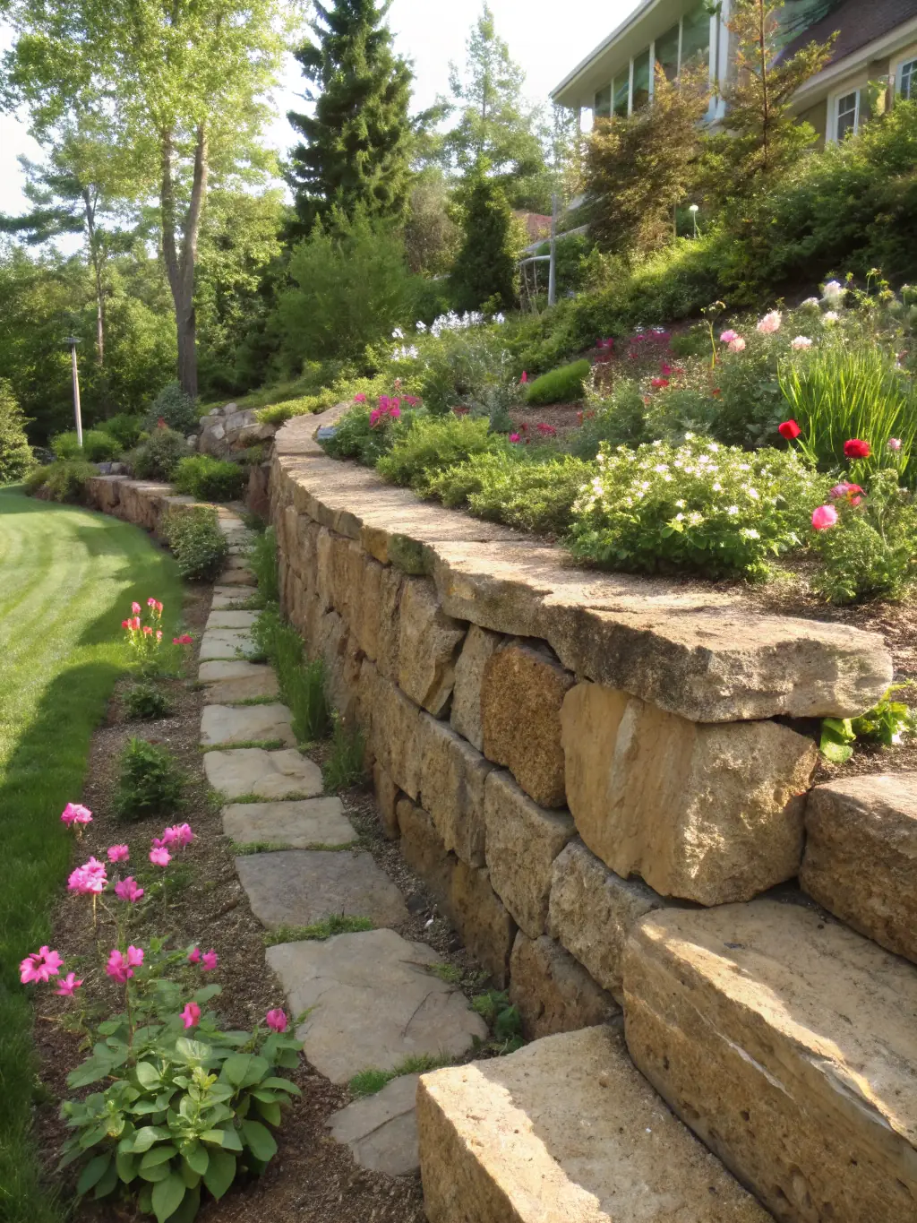 A newly constructed retaining wall in a garden, showcasing Birmingham Gardeners' expertise in building structural elements for landscaping projects.
