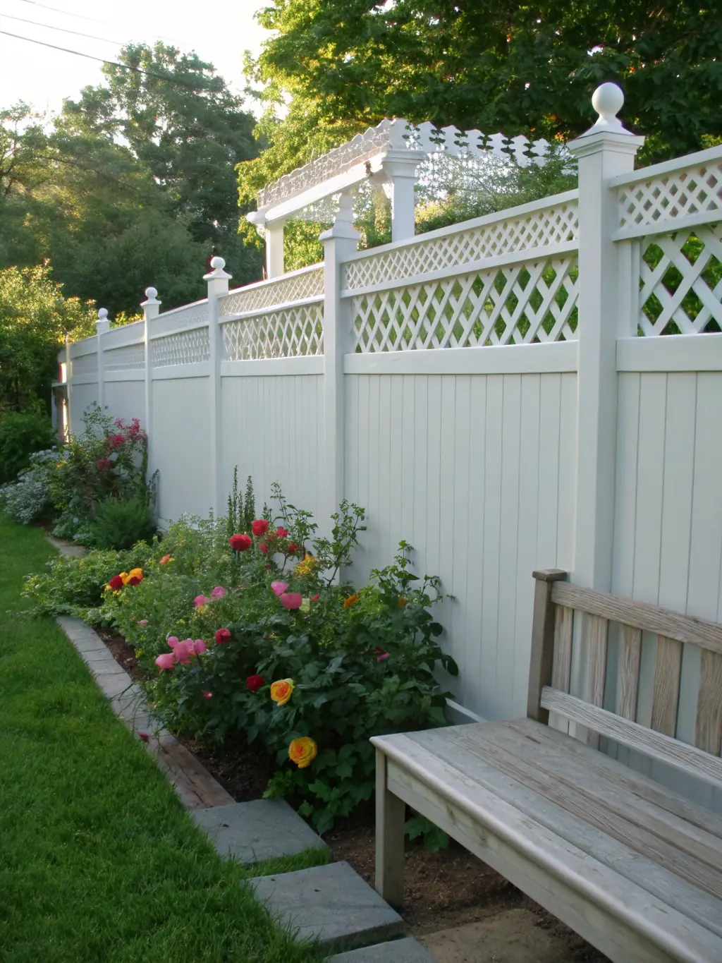 A newly constructed wooden fence bordering a vibrant garden, providing privacy and security.