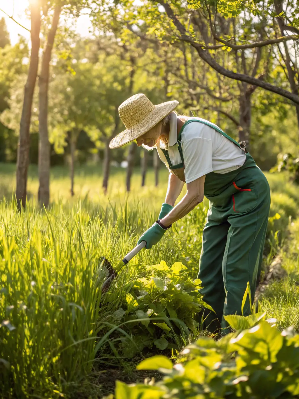 A gardener using eco-friendly tools and organic compost in a lush garden, emphasizing sustainable practices.