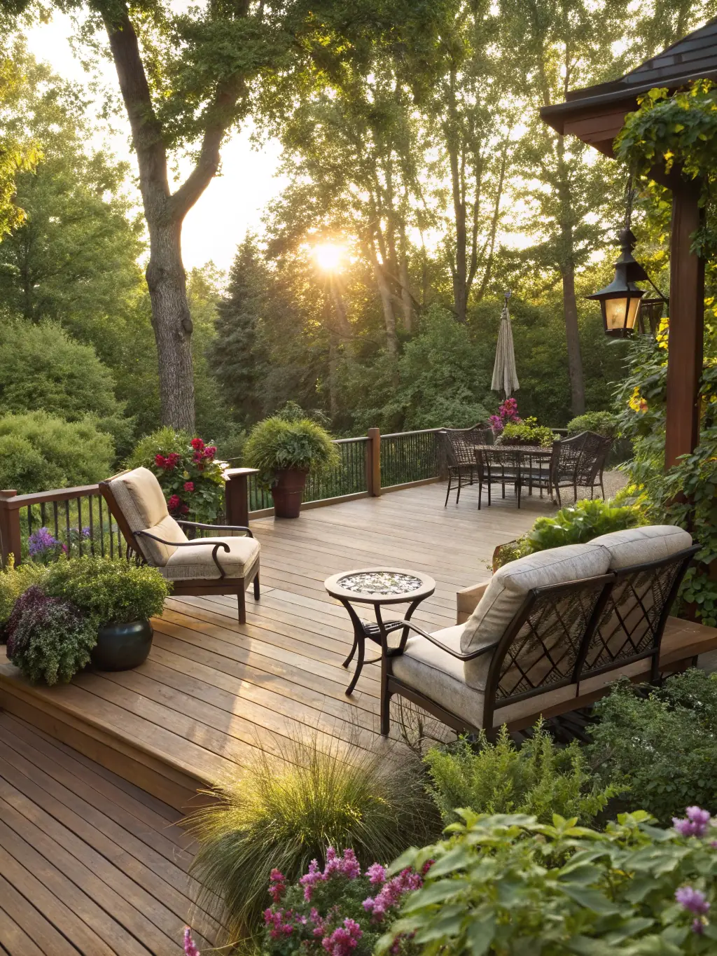 A well-designed wooden deck extending from a house into a garden, perfect for outdoor entertaining.