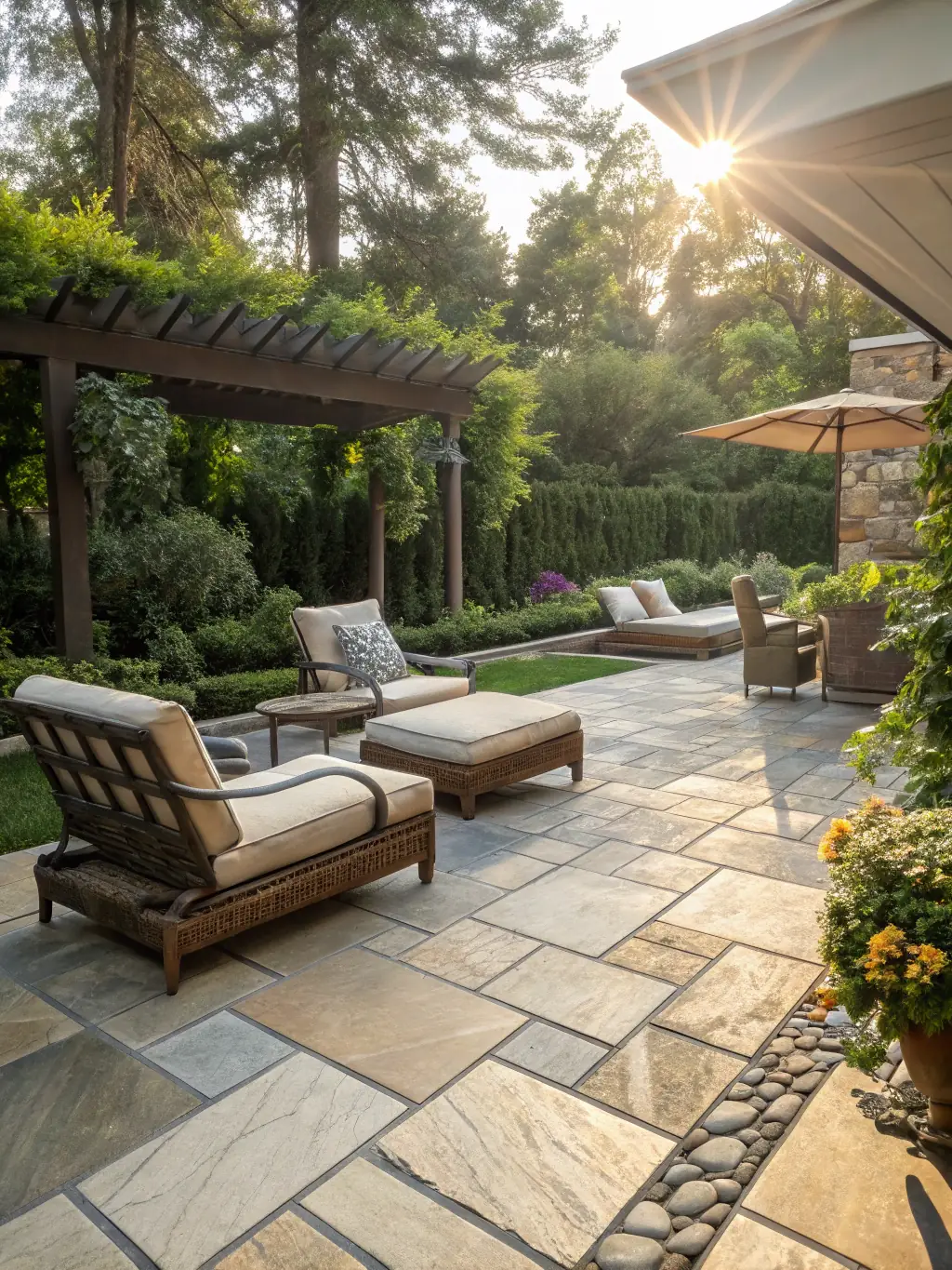 A paved patio area with outdoor furniture, creating a cozy and inviting space for relaxation and gatherings.