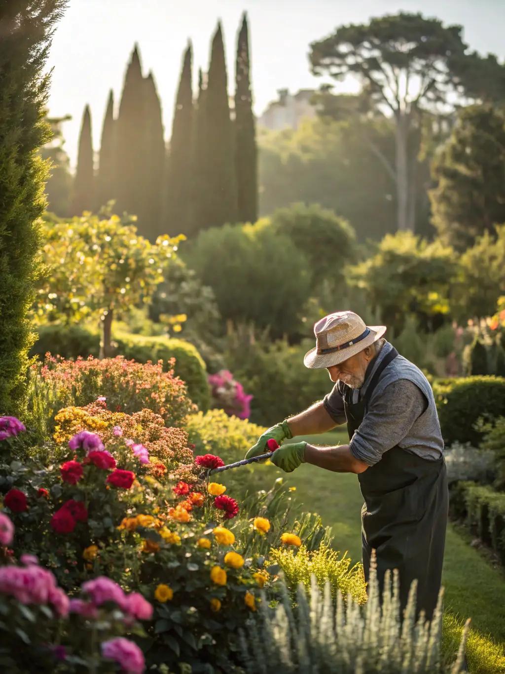 A gardener trimming bushes and tending to a well-maintained lawn, illustrating Birmingham Gardeners' seasonal garden maintenance services.